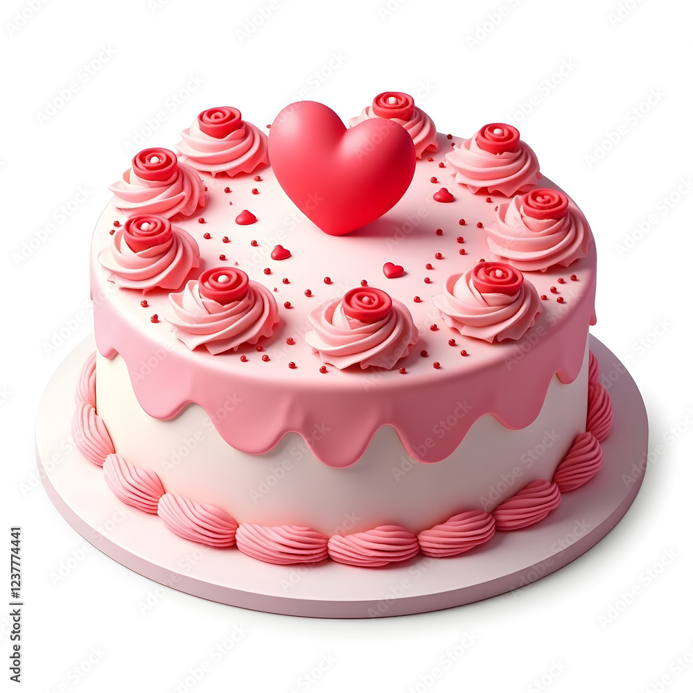 Delicious romantic cake with heart and rose decorations on white background Delicious romantic cake with heart and rose decorations on white background