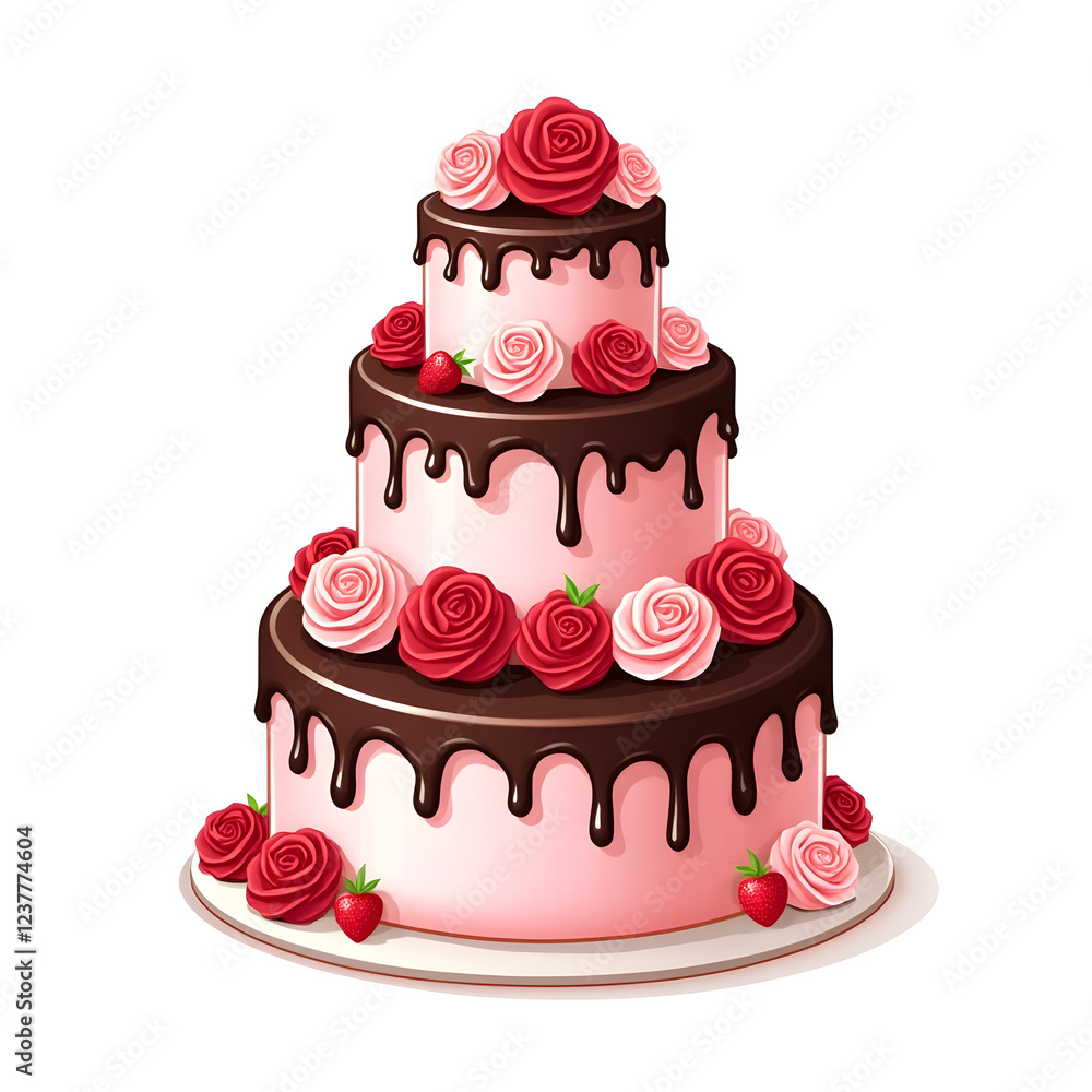 Elegant three tier cake adorned with roses and dripping chocolate design Elegant three tier cake adorned with roses and dripping chocolate design