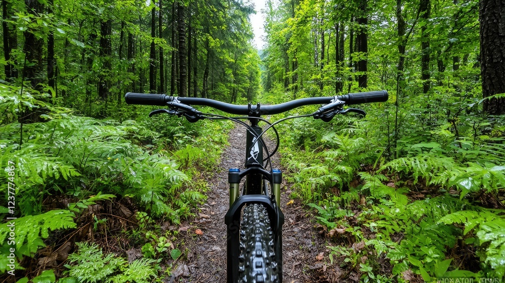 Mountain biking trail through lush forest Mountain biking trail through lush forest