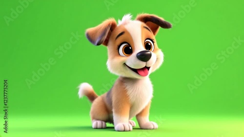 Cute puppy 3D render, green screen, playful pose, animation