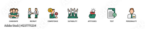 Assessment icon set flow process which consists of user candidate, recruit, competence, suitability, aptitudes, test and personality icon live stroke and easy to edit .