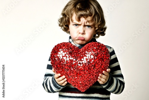 Commercial creative art. Sign of love. Ð¡hildren valentine's day greeting card: child boy with upset face holds red heart in hands. Love and celebration. Family-centered valentine's. photo