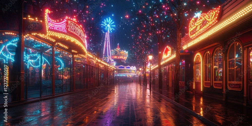 Enchanted Night at the Amusement Park: A Dreamlike Vision of Festive Lights and Wet Pavement Enchanted Night at the Amusement Park: A Dreamlike Vision of Festive Lights and Wet Pavement