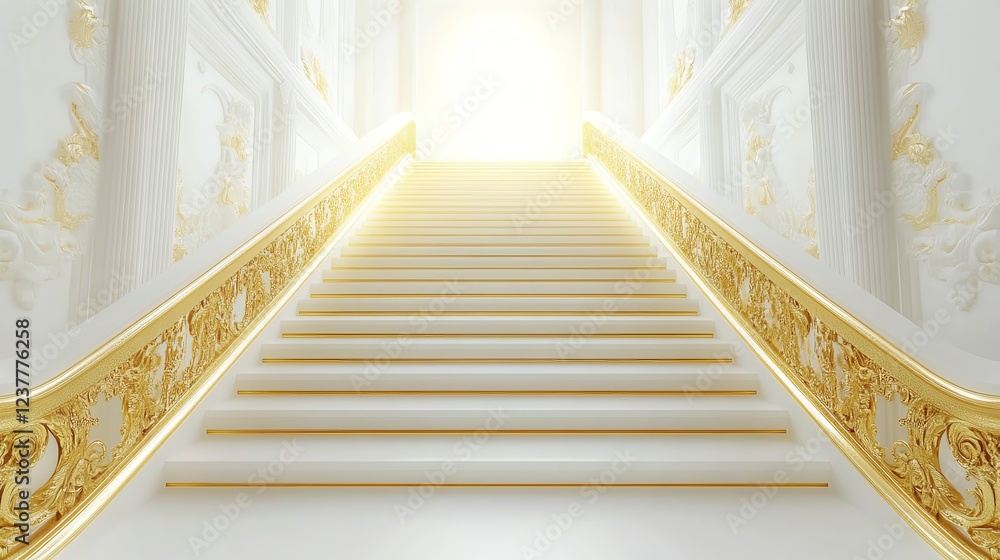Elegant staircase leading to a bright light, white and gold interior. Elegant staircase leading to a bright light, white and gold interior.