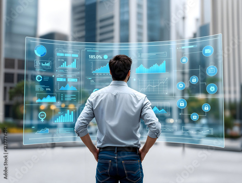 business man analyzing financial data on futuristic transparent screen display in modern cityscape, data visualization and business intelligence for future technology concept