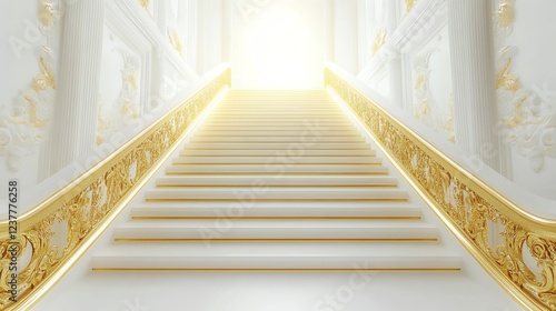 Elegant staircase leading to a bright light, white and gold interior.