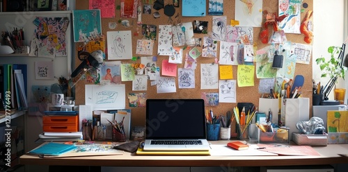 Wallpaper Mural Creative workspace featuring a cluttered desk and an open sketchpad, perfect for artistic inspiration and productivity. Torontodigital.ca