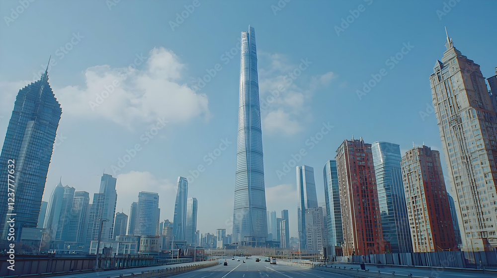 Obraz premium Shanghai skyline, skyscraper, highway, city, sunrise, urban landscape, stock photo