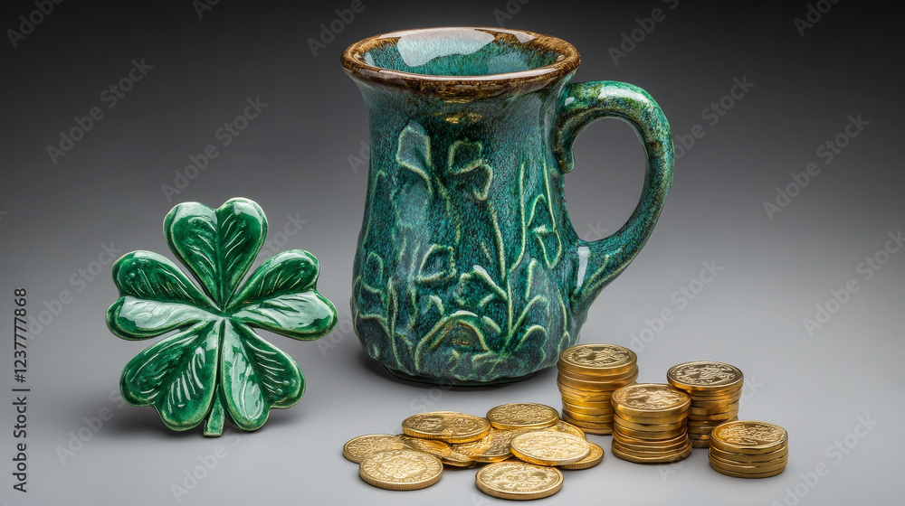 Patricks day, vector Irish luck shamrock clover symbol and leprechaun gold coins in cauldron. Ireland flag, green ale beer pint mug and drum of Patricks day party celebration Patricks day, vector Irish luck shamrock clover symbol and leprechaun gold coins in cauldron. Ireland flag, green ale beer pint mug and drum of Patricks day party celebration