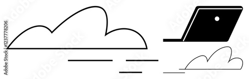 Clouds and abstract laptop image imply digital innovation, scalability. Ideal for technology, remote work, efficiency, connectivity, cloud computing, digital transformation, modern business themes