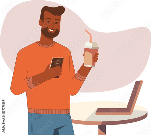 Dark skinned man holding a paper coffee cup and smartphone, depicting modern multitasking, technology in everyday life. For technology and lifestyle designs, symbolizing convenience and connectivity.
