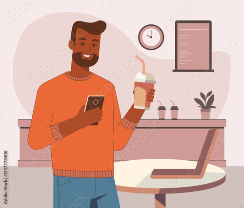 Dark skinned man holding a paper coffee cup and smartphone, depicting modern multitasking, technology in everyday life. For technology and lifestyle designs, symbolizing convenience and connectivity.