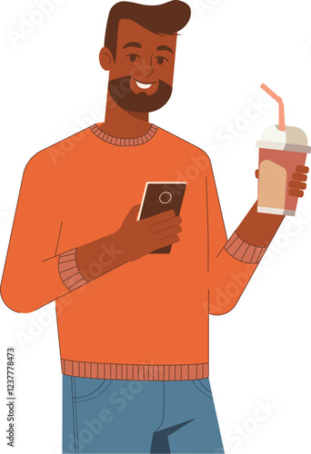 Dark skinned man holding a paper coffee cup and smartphone, depicting modern multitasking, technology in everyday life. For technology and lifestyle designs, symbolizing convenience and connectivity.
