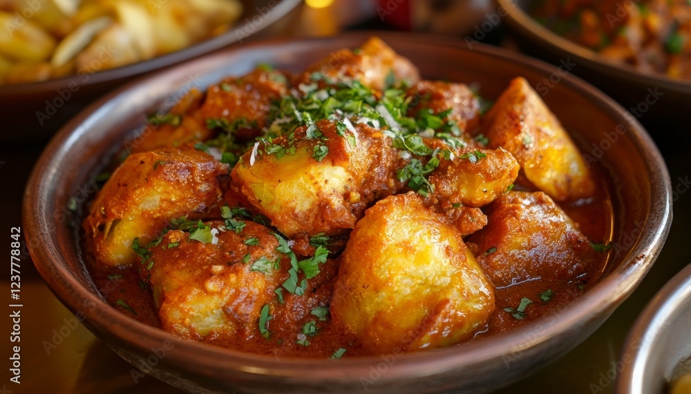 Indian delicacy made from stuffed dough in the shape of triangles and deep-fried or steamed to crisp golden-brown crusts. The dish is served on dark brown ceramic plate with green leaves for garnish Indian delicacy made from stuffed dough in the shape of triangles and deep-fried or steamed to crisp golden-brown crusts. The dish is served on dark brown ceramic plate with green leaves for garnish