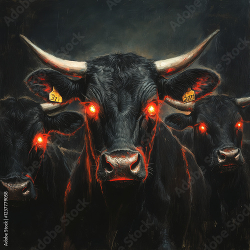 A mythical dairy cow with glowing red eyes, said to bring both milk and mischief, like a devil in disguise. photo