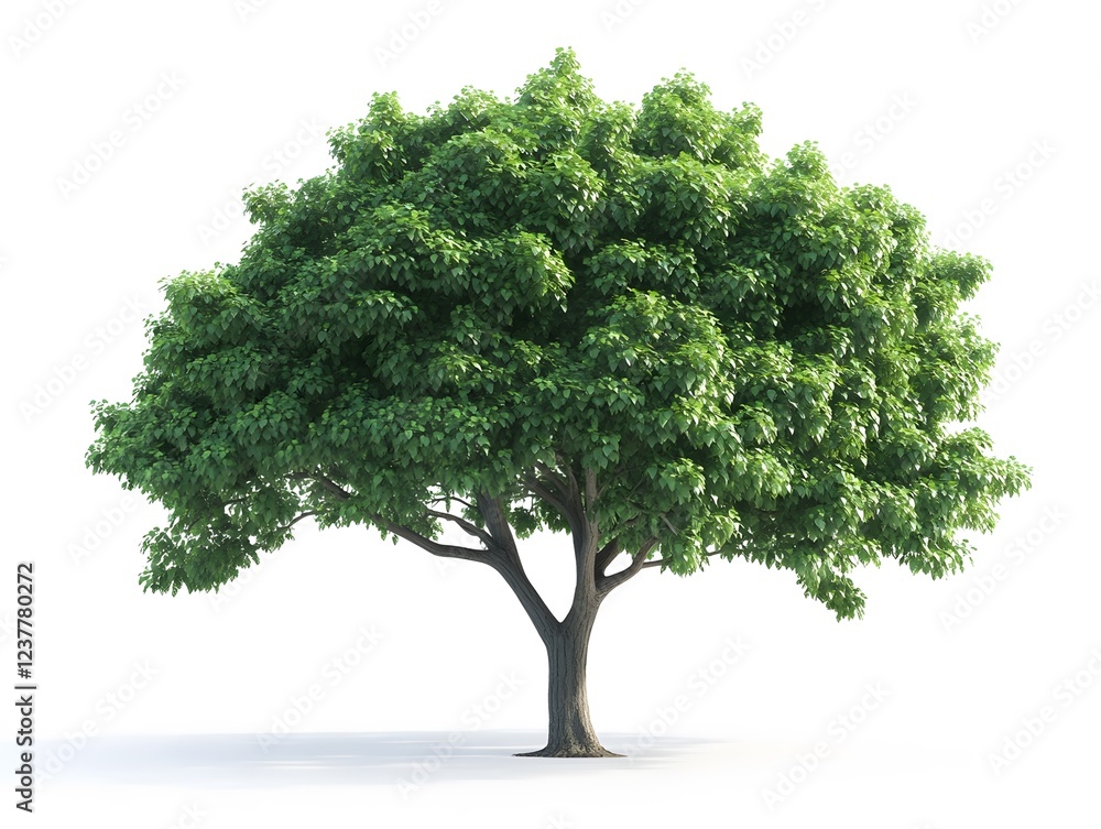 Fototapeta premium Lush Green Tree Isolated, Nature, Botany, Spring, Summer, Foliage, Branches, Leaves, Trunk