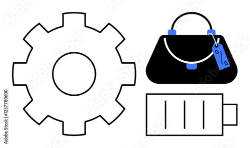 Gear on left, handbag with tags on upper right, and battery icon on lower right suggest industry, fashion, and technology. Ideal for innovation, commerce, power, efficiency lifestyle mechanics