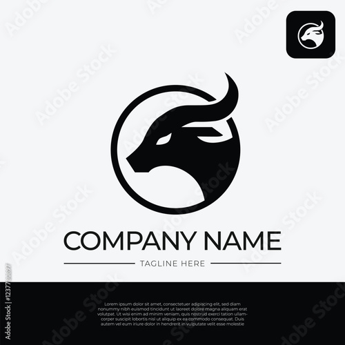 Bull Head Logo Template Design with Circle, Black and White Color