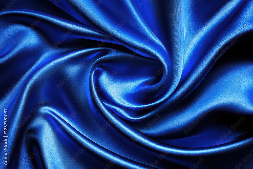 Obraz premium Close-up of luxurious deep blue satin fabric elegantly swirling, showcasing its smooth texture and sheen