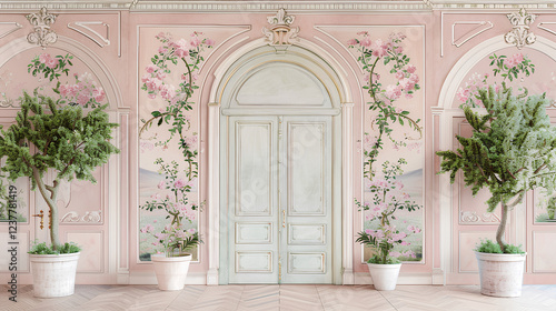 drawing of an arch with floral motifs on it, framed by white columns and vases filled with plants in light pink tones, against the background of wall panels in an antique style.