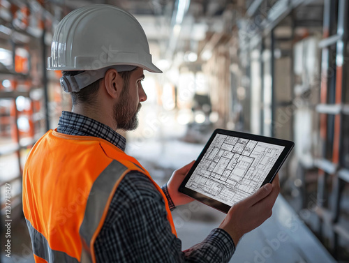 civil engineer with tablet at construction site . Generative AI