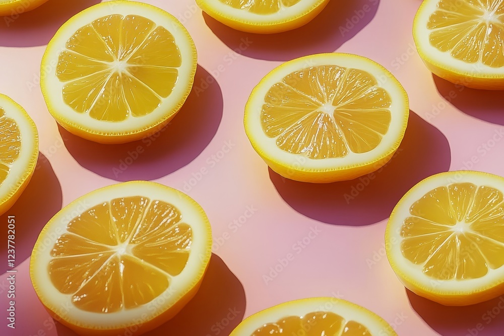 Vibrant lemon slices arranged on pink background, illuminated by sunlight. Vibrant lemon slices arranged on pink background, illuminated by sunlight.