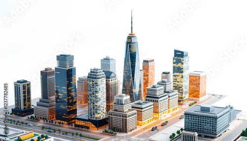 A polished and elite small-scale cityscape, showcasing elegant skyscrapers, financial hubs, and glowing windows, isolated against a white space