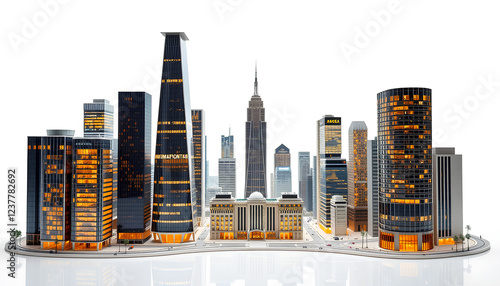 A polished and elite small-scale cityscape, showcasing elegant skyscrapers, financial hubs, and glowing windows, isolated against a white space