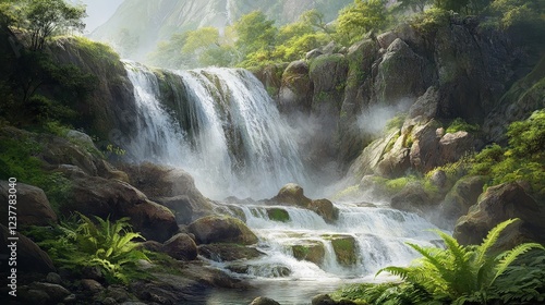 Serene Waterfall in Lush Jungle: A breathtaking waterfall cascades down moss-covered rocks in a vibrant jungle, sunlight filtering through the canopy to create a mystical atmosphere. 