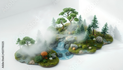 A tiny enchanted forest with a waterfall at its heart, mist rising gracefully, creating a serene ambiance, floating in a white space photo