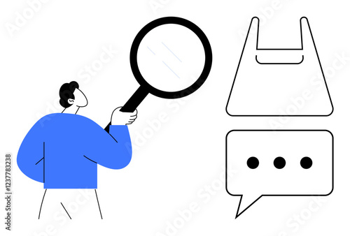Person holds magnifying glass, examining a shopping bag and speech bubble with ellipsis. Ideal for consumer research, online shopping, customer feedback, retail analysis, communication, commerce