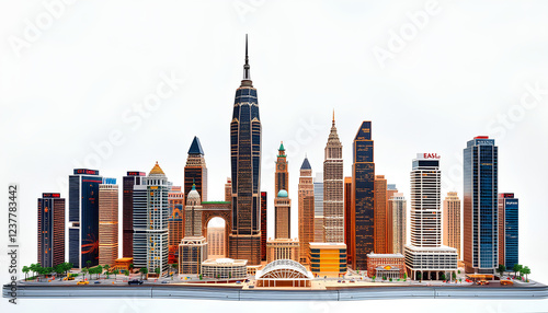 An intricately designed luxurious mini city, featuring skyscrapers of different architectural styles, standing tall against a white background