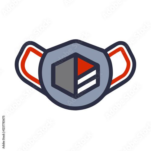 Stylized face mask icon with geometric design and ear loops in grey and red colors