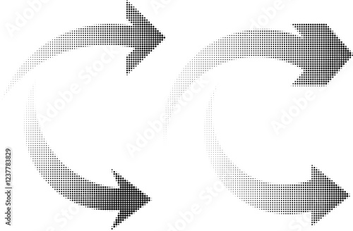 Abstract illustration of arrows created from dots, retro halftone pattern effect. Graphic element for web design, digital art, or any visual content needing a stylish and eye-catching arrow symbol.