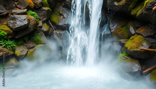 A breathtaking micro-world of a waterfall with mist drifting around, creating a peaceful and tranquil scene, set against a white background photo