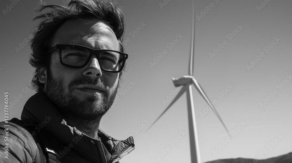 A minimalist image of a man in front of one wind turbine against a clear sky, for clean energy A minimalist image of a man in front of one wind turbine against a clear sky, for clean energy