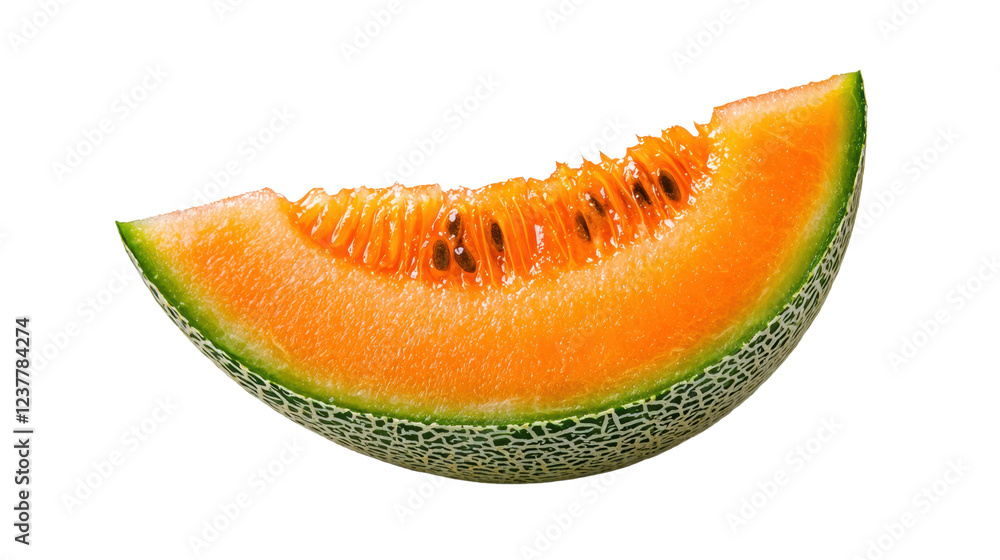 Freshly Cut Slice of Ripe Orange Cantaloupe Melon on White Background Freshly Cut Slice of Ripe Orange Cantaloupe Melon on White Background