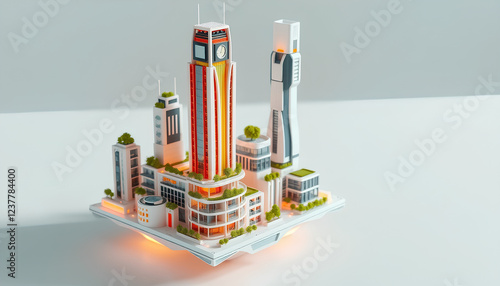 A futuristic small-scale city with impressive skyscrapers, rooftop gardens, and luxury apartments, floating on a white surface