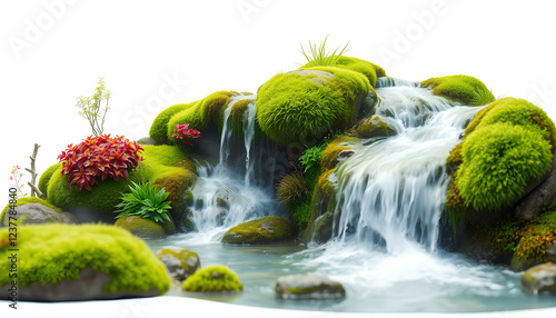 A magical small-scale waterfall scene with vibrant moss, flowing water, and a dreamy misty effect against a white background photo