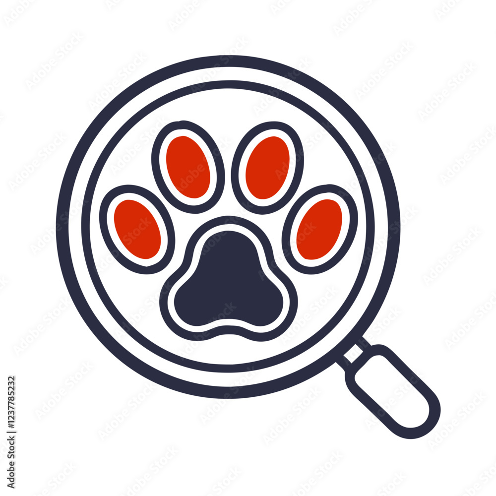 Magnifying glass icon featuring a paw print in grey and red colors Magnifying glass icon featuring a paw print in grey and red colors