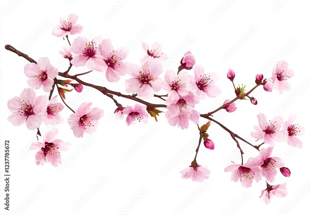 Pink cherry blossom branch, spring bloom, white background, floral design Pink cherry blossom branch, spring bloom, white background, floral design