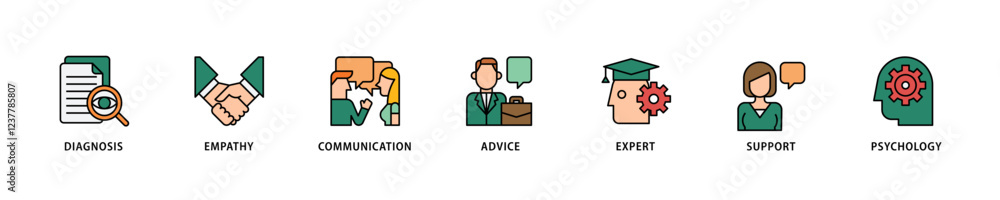 Counseling icon set flow process which consists of diagnosis, empathy, communication, therapy, advice, expert, and support icon live stroke and easy to edit . Counseling icon set flow process which consists of diagnosis, empathy, communication, therapy, advice, expert, and support icon live stroke and easy to edit .