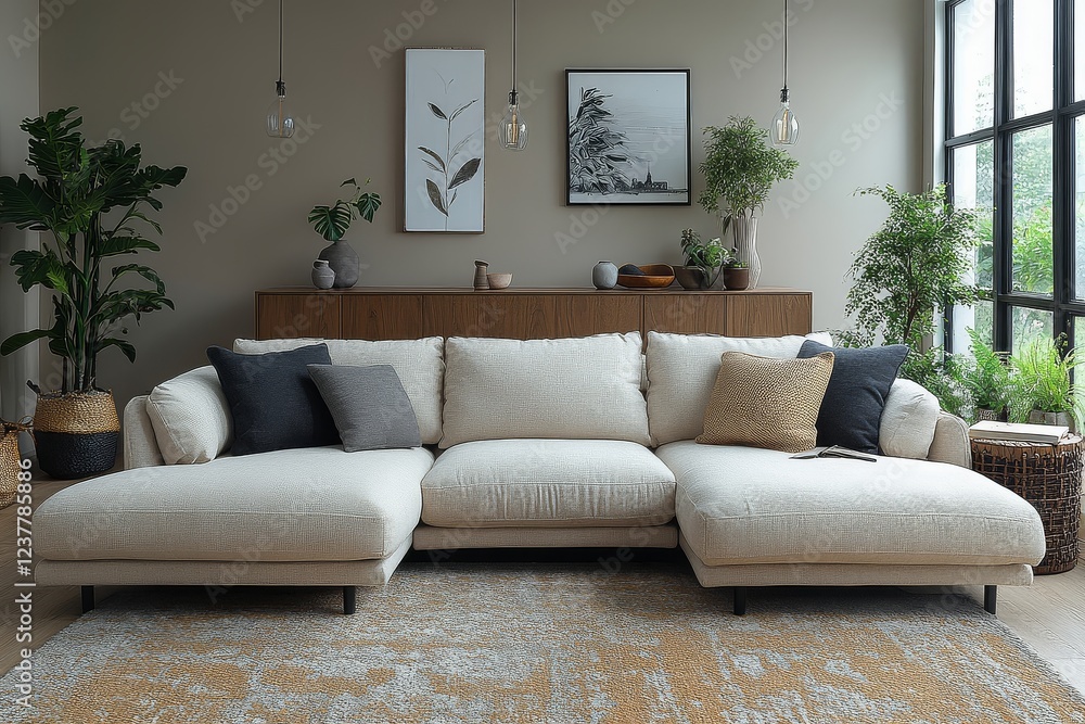 Fototapeta premium Beige corner sofa with chaise lounge in living room interior, coffee table and sideboard in modern home decor, contemporary furniture for small apartment, home lifestyle mock-up