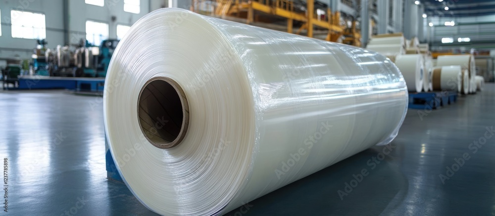 A large roll of transparent plastic film in an industrial setting. A large roll of transparent plastic film in an industrial setting.