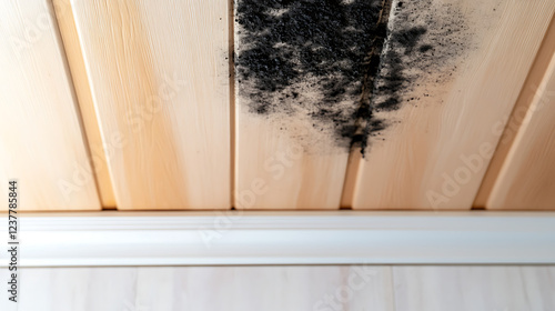 Close-up of black mold on a ceiling due to moisture, highlighting health risks and structural damage. photo