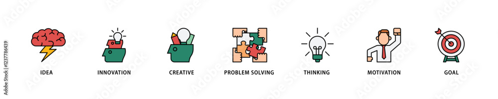 Creativity icon set flow process which consists of idea, innovation, creative, problem solving, thinking, motivation, goal icon live stroke and easy to edit . Creativity icon set flow process which consists of idea, innovation, creative, problem solving, thinking, motivation, goal icon live stroke and easy to edit .