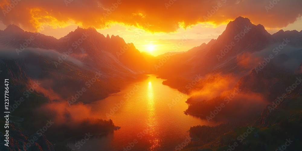 Naklejka premium Majestic Sunset Over Misty Mountain Lake