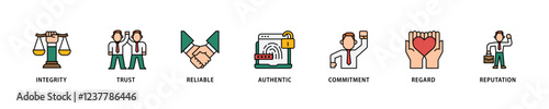 Credibility icon set flow process which consists of integrity, trust, reliable, authentic, commitment, regard, and reputation icon live stroke and easy to edit .