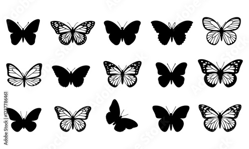 Butterfly Silhouettes Vector Illustration set, showcases a collection of butterfly silhouette , butterflies are perfect for backgrounds, patterns, and designs. ethereal display of flying insects