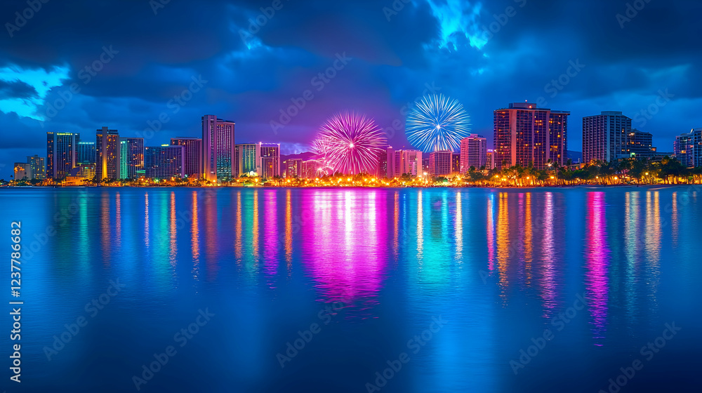 Fototapeta premium Waikiki fireworks, city reflection, night
